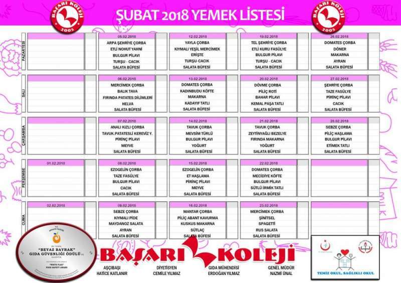 BAŞARI KOLEJİ ŞUBAT AYI YEMEK LİSTESİ!