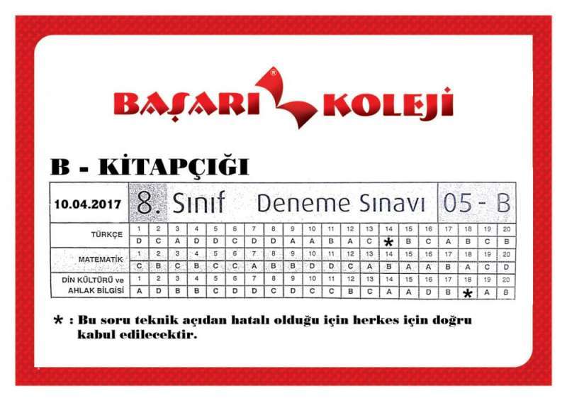 10 NİSAN 2017 - 8.SINIF DENEME SINAVI - B KİTAPÇIĞI - CEVAP ANAHTARI